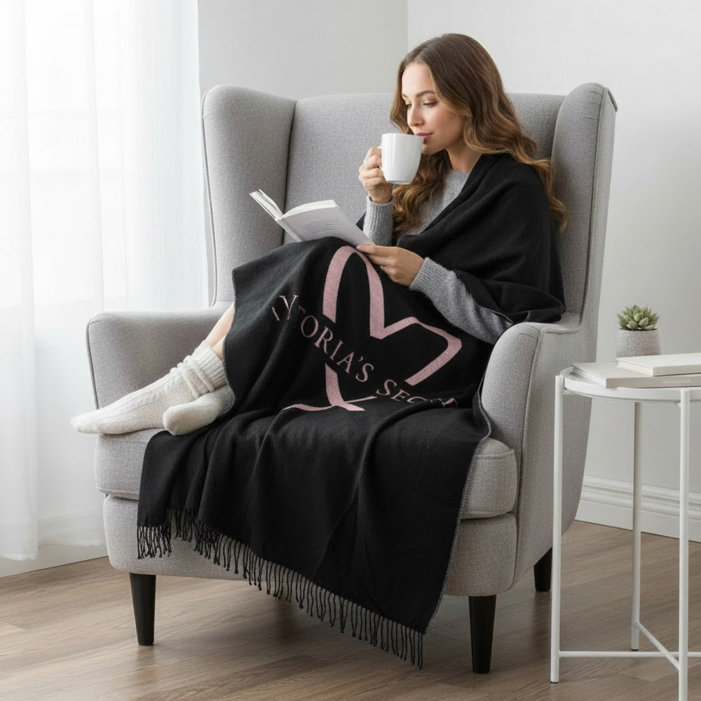 Victoria’s Secret Throw Blanket With Fringe 48×60 Black with Heart Logo‎ Y2K